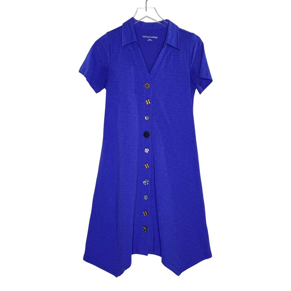 Soft Surroundings Danielle Button Dress XS Handkerchief Hem Mixed Button Blue